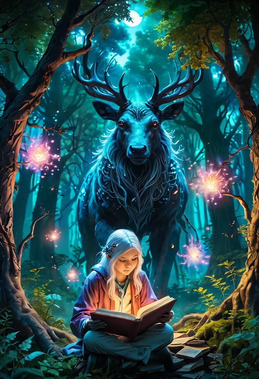 A whimsical blend of a mystical forest and a medical lab, where fantastical creatures analyze glowing orbs representing tumors. Sprawling trees with intertwined branches holding colorful manga panels that depict heroic characters battling health challenges. A surreal atmosphere with soft lighting and dreamlike colors, inviting viewers to explore the intertwining themes of health and fantasy. In the foreground, a wise-looking creature reading a manga book while magical wisps float around. vibrant colors. super-realistic. fantasy art.