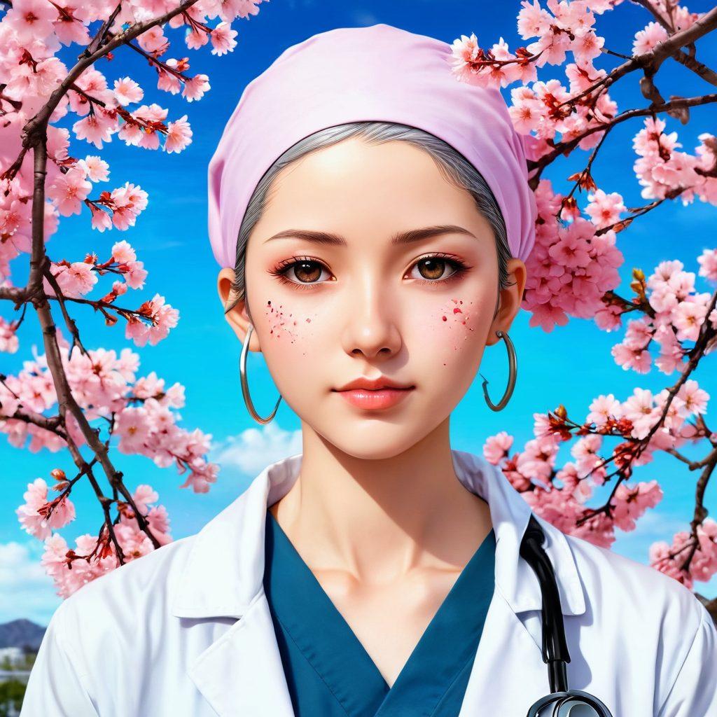 A vibrant manga panel depicting a character in a hospital setting, surrounded by symbolic elements of hope and struggle, such as blooming cherry blossoms and a stethoscope, merging with abstract representations of cancer cells. The character reflects deep emotions of resilience and determination, blending bright colors with soft pastels. super-realistic. vibrant colors. anime style.