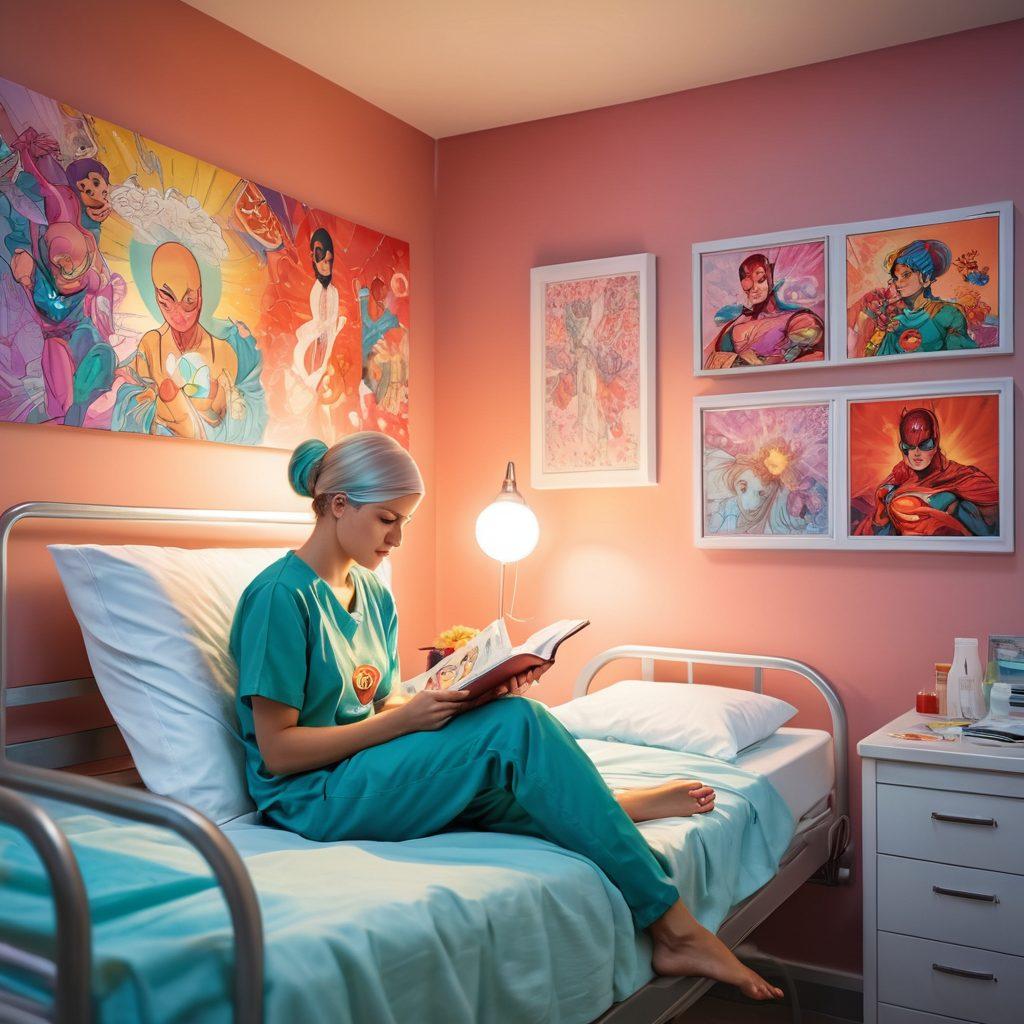 A vivid scene depicting a cancer patient reading manga in a hospital room, with colorful and comforting art on the walls. Various manga characters, including a superhero symbolizing hope, are illustrated around the patient, promoting awareness and positivity. Soft, warm lighting enhances the emotional connection, while subtle elements of oncology like a stethoscope are blended into the background. The overall atmosphere should convey blending art with healthcare, demonstrating the power of storytelling in overcoming challenges. vibrant colors. comic style. warm tones.